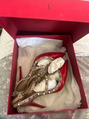 Valentino Red Patent Leather Rockstud Pointed-Toe Strappy Pump